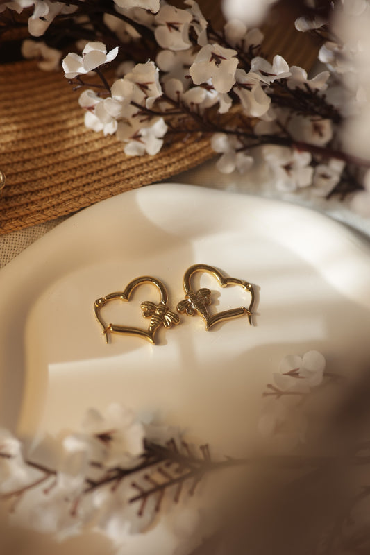 Golden Heart Hoops with Bee Charm
