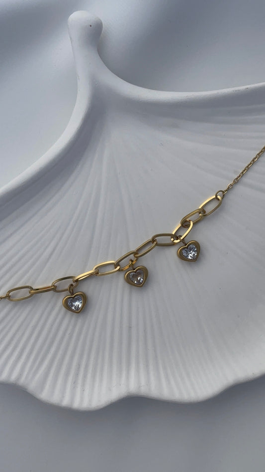 Golden LoveLink Bracelet with Crystal Heart Charms