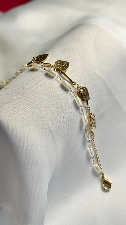 Vintage Heart Charm & Pearl Chain Bracelet