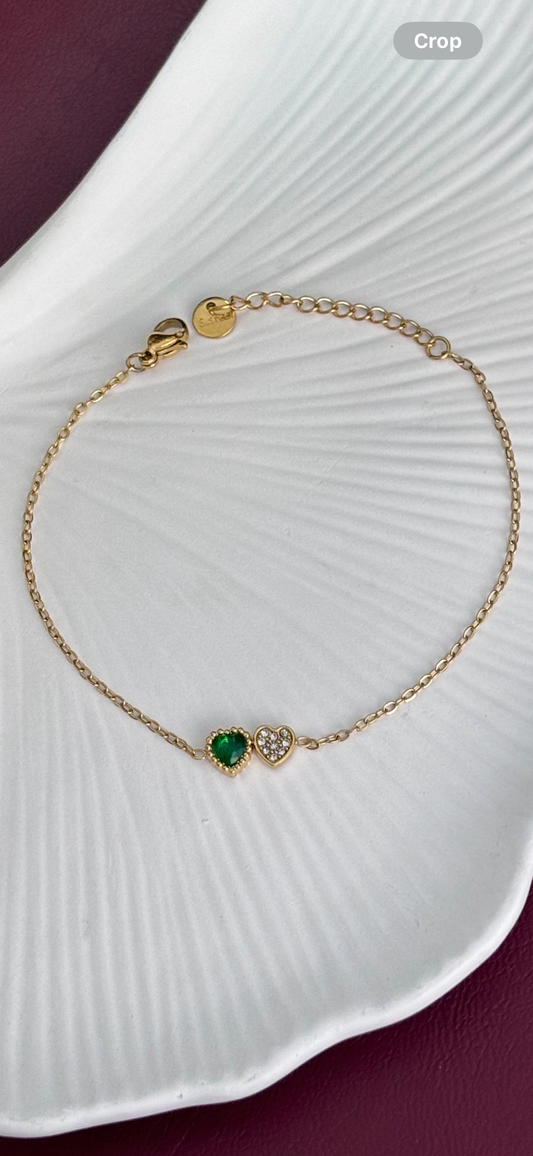 Double Heart Charm Bracelet – Emerald & Crystal