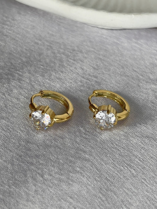 Gold Huggie Hoop Earrings with Clear Crystal Solitaire