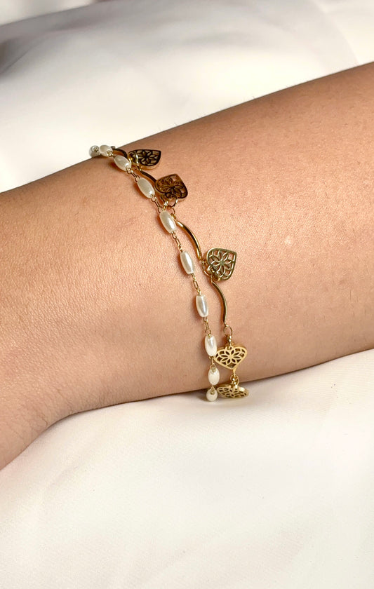 Vintage Heart Charm & Pearl Chain Bracelet